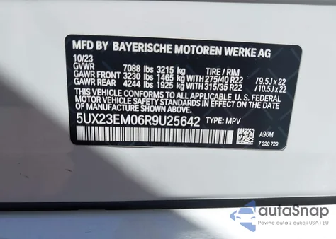 2024 BMW X7 xDrive40I z USA, uszkodzony, nr VIN 5UX23EM06R9U25642